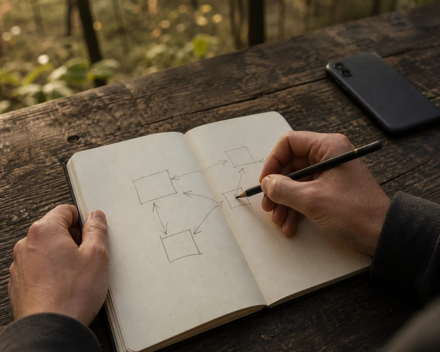 Manos dibujando a lápiz un diagrama de cajas y flechas en un cuaderno abierto sobre madera, al aire libre